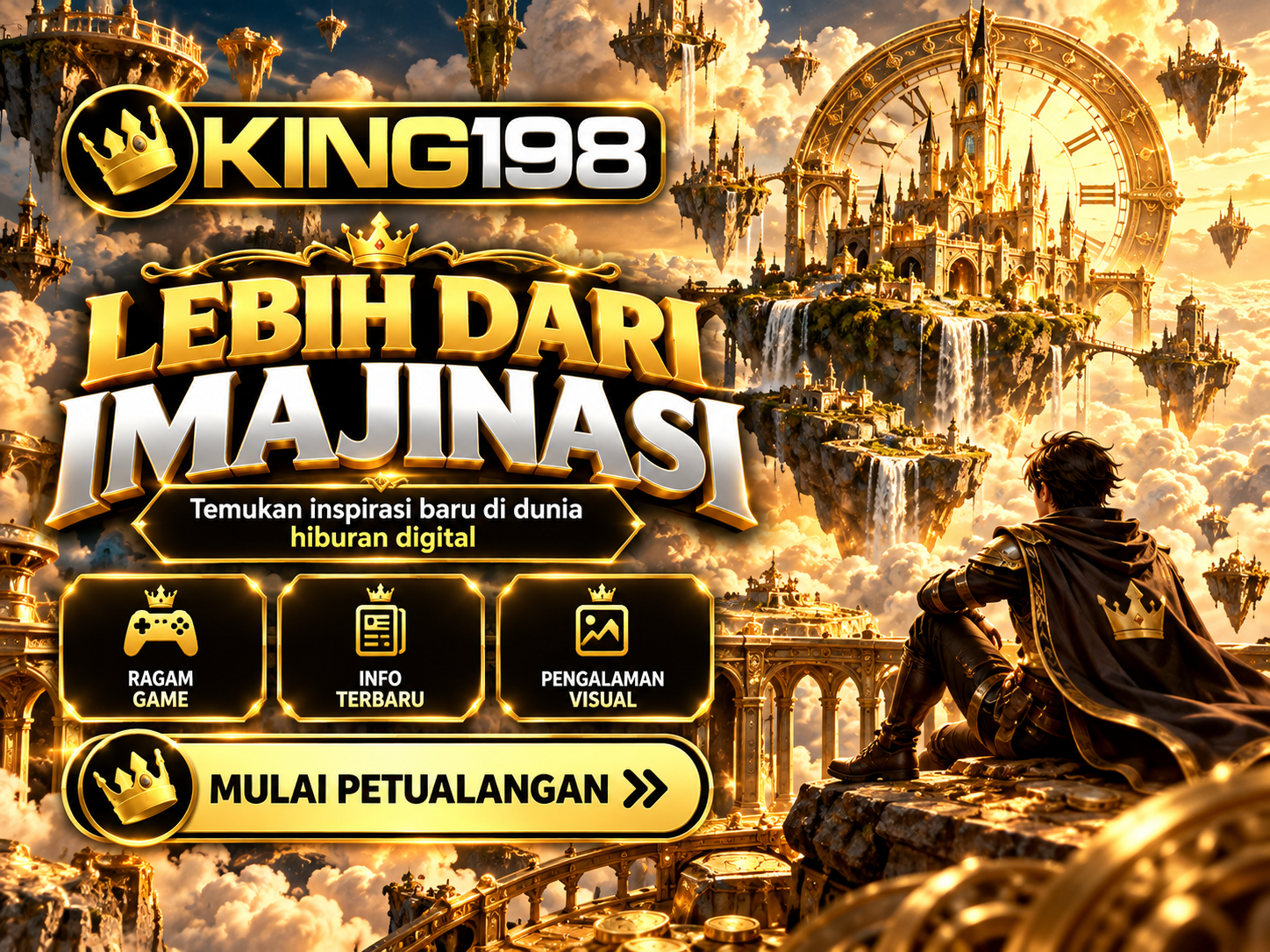 Banner KING198 surealis dengan pulau terapung, jam emas raksasa, dan arsitektur fantasi mustahil.